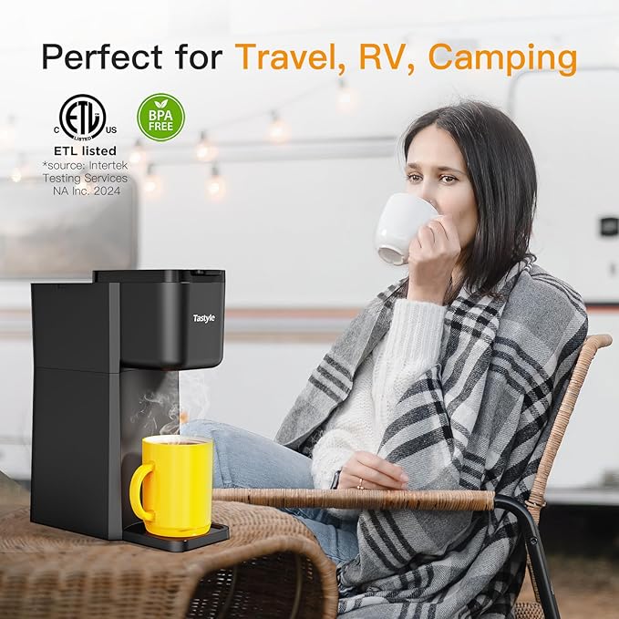 Mini Hot and Iced Coffee Maker – Single-Serve, Compatible with K-Cups and Ground Coffee, 6 to 14 Oz Brew Sizes, Includes Recipe Book, Ideal for Home, Travel, RV, Office, and Dorm, Classic Black (Version 2.0)