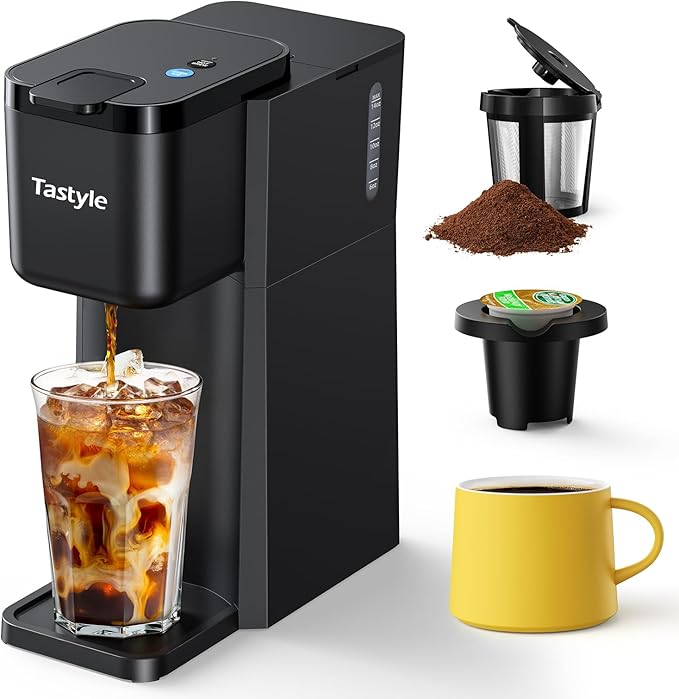Mini Hot and Iced Coffee Maker – Single-Serve, Compatible with K-Cups and Ground Coffee, 6 to 14 Oz Brew Sizes, Includes Recipe Book, Ideal for Home, Travel, RV, Office, and Dorm, Classic Black (Version 2.0)